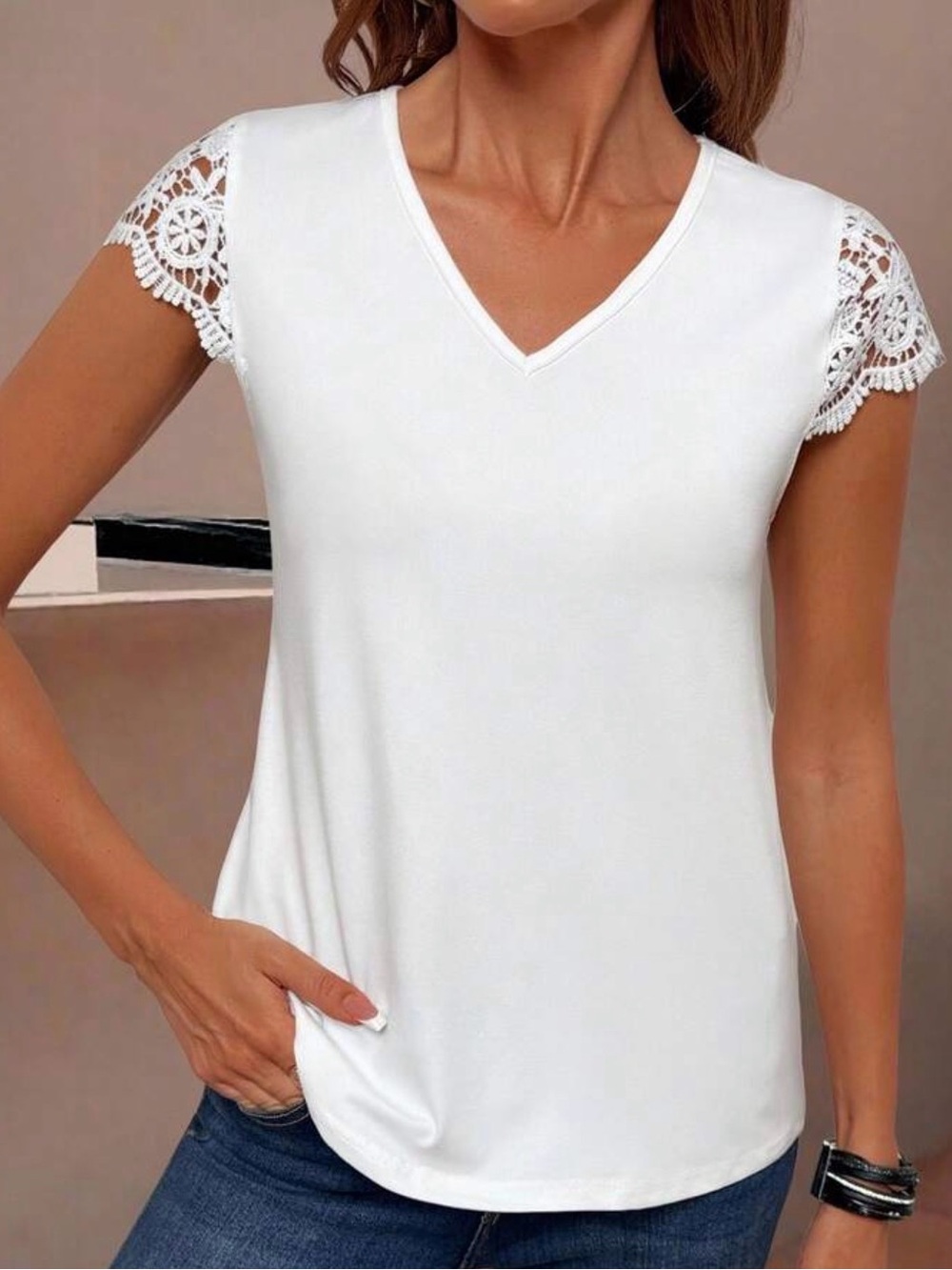 Women's V-Neck Lace Sleeve Top - White